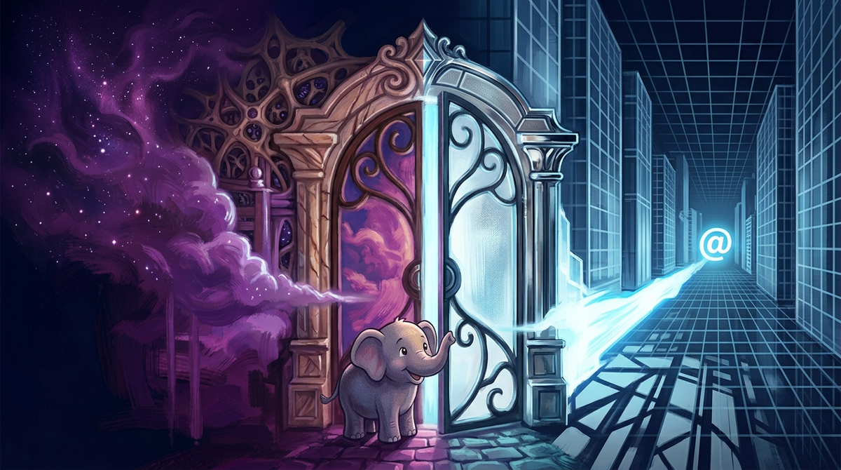 Feature image: painterly illustration of a glowing gateway between the fediverse and Meta's world, with a Mastodon elephant at the threshold. Generated using Higgsfield AI (Nano Banana).