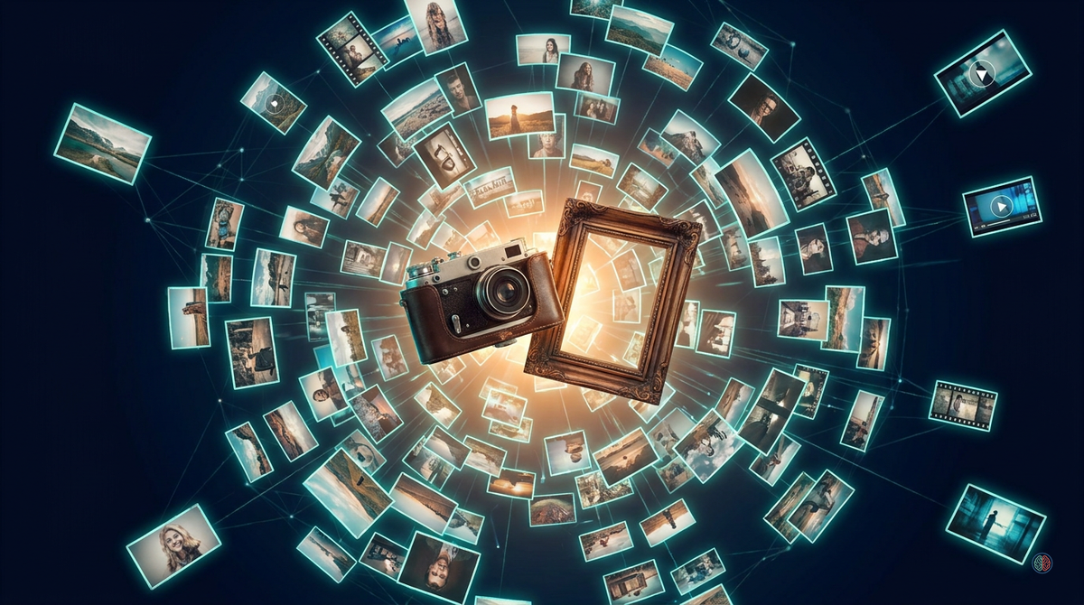 A vintage camera and ornate photo frame floating in a dark void, surrounded by dozens of photographs scattering outward in every direction, connected by faint network lines