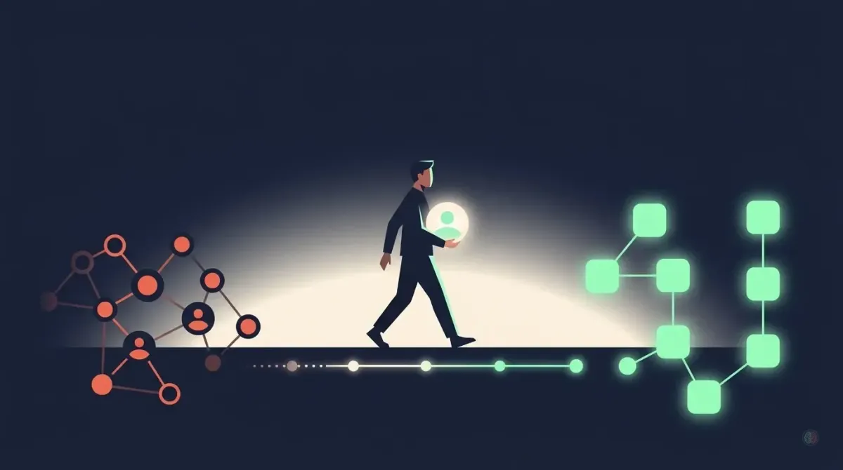 A figure crosses a dark navy field carrying a glowing account avatar, leaving a coral cluster of network nodes for a mint-green cluster, with a dotted trail between them