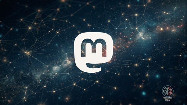 The Mastodon logo at the center of a cosmic web of nodes and glowing filaments — Mastodon as a constellation of communities. 