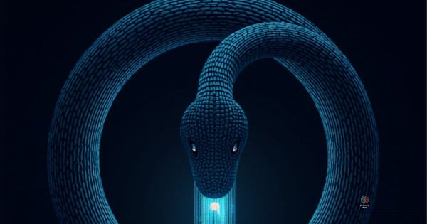 A glowing serpent curled in an ouroboros — the ancient symbol of a snake consuming its own tail — rendered against a dark navy background with flowing data streams in cyan and green.