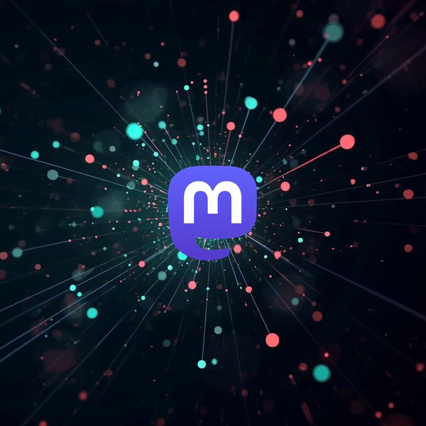 Exploring Mastodon series depicted by dark navy background with coral and cyan particles emanating radially from Mastodon logo at center