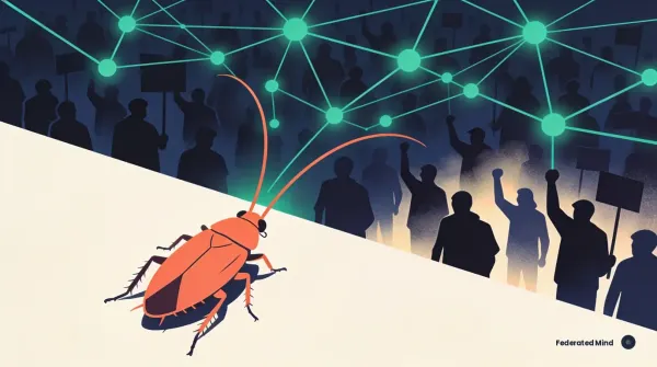 A coral cockroach on a cream slope, its antennae extending into a green network of linked nodes above a crowd of protesters in silhouette holding placards and raised fists.