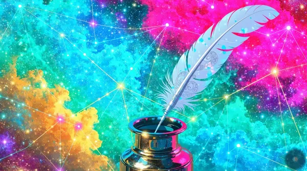 An antique quill and inkwell against a vibrant multicolor cosmic backdrop, with constellation lines connecting points of light