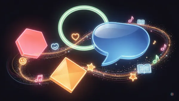 Four glowing neon shapes, a speech bubble, hexagon, ring, and diamond, linked by a flowing particle trail carrying musical notes and open books, against a dark navy background.