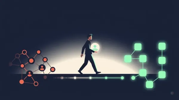 A figure crosses a dark navy field carrying a glowing account avatar, leaving a coral cluster of network nodes for a mint-green cluster, with a dotted trail between them