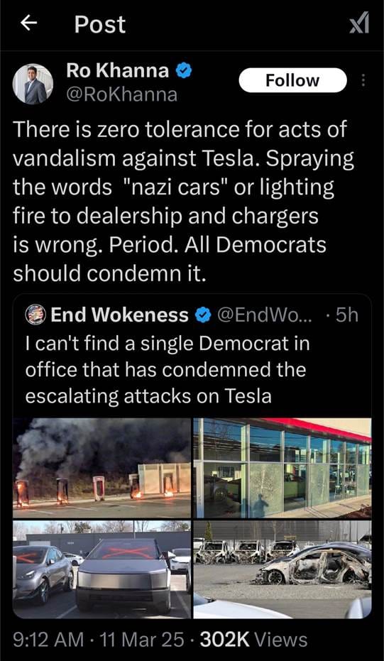 Ro Khanna &
Follow
@RoKhanna
There is zero tolerance for acts of vandalism against Tesla. Spraying the words "nazi cars" or lighting fire to dealership and chargers is wrong. Period. All Democrats should condemn it.
End Wokeness
@EndWo...
• 5h
I can't find a single Democrat in office that has condemned the escalating attacks on Tesla
9:12 AM • 11 Mar 25 • 302K Views


Khanna is a fascist. 