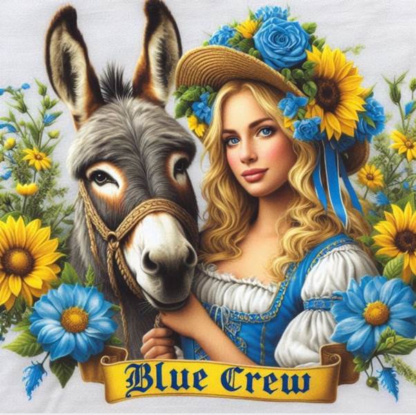 Donk and Brittney amongst blue and yellow flowers, with the banner Blue Crew