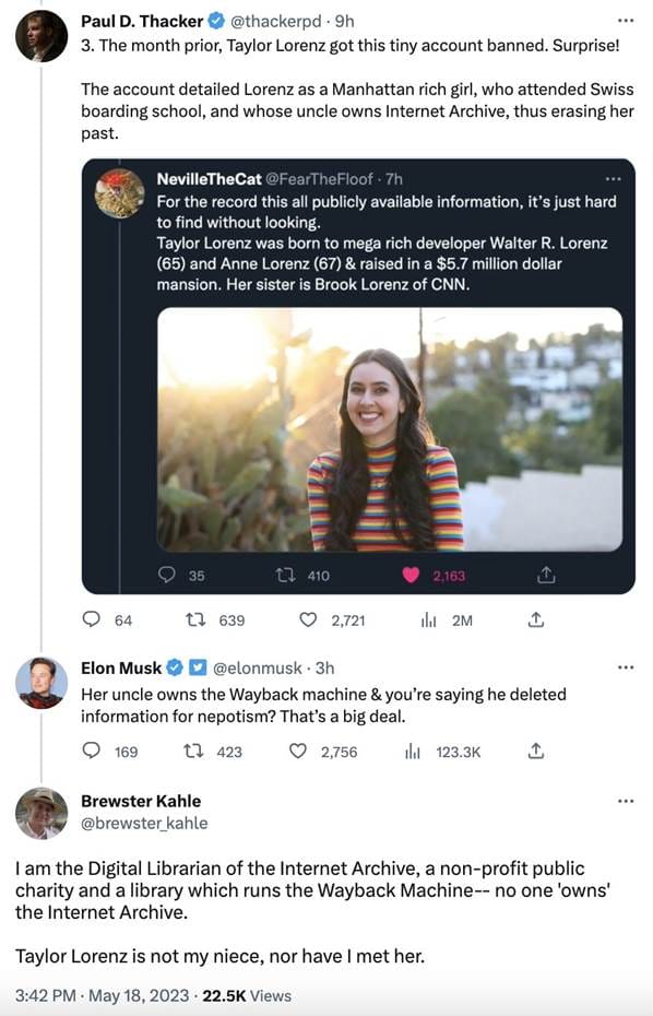 Matt Binder on X: "today's Twitter Files bombshell is that Taylor Lorenz's  uncle is the owner of the Internet Archive which is not true and Elon Musk  and his "journalist" believe this
