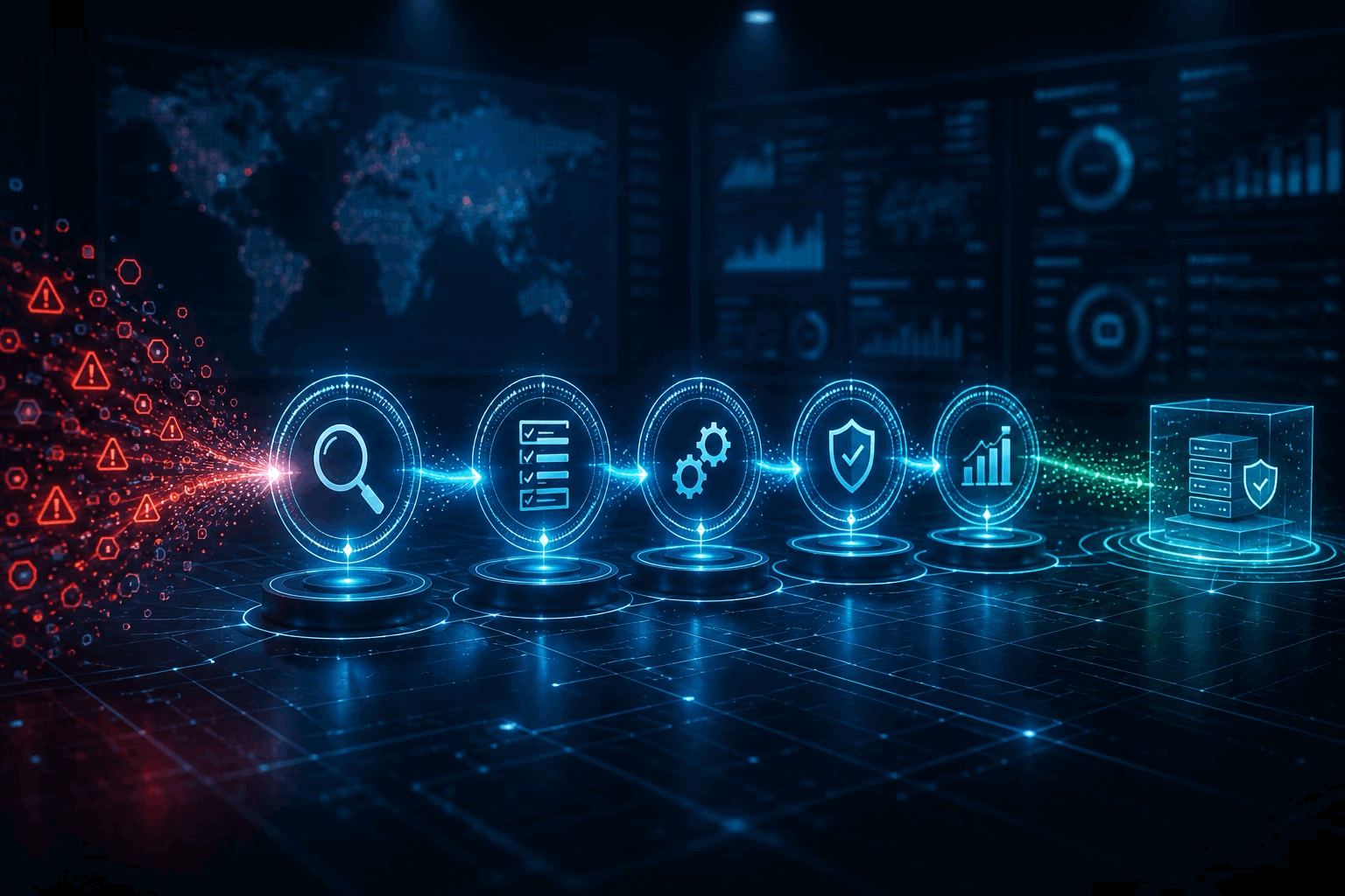 Abstract cybersecurity remediation pipeline showing risk signals moving through validation, remediation and protection stages.
