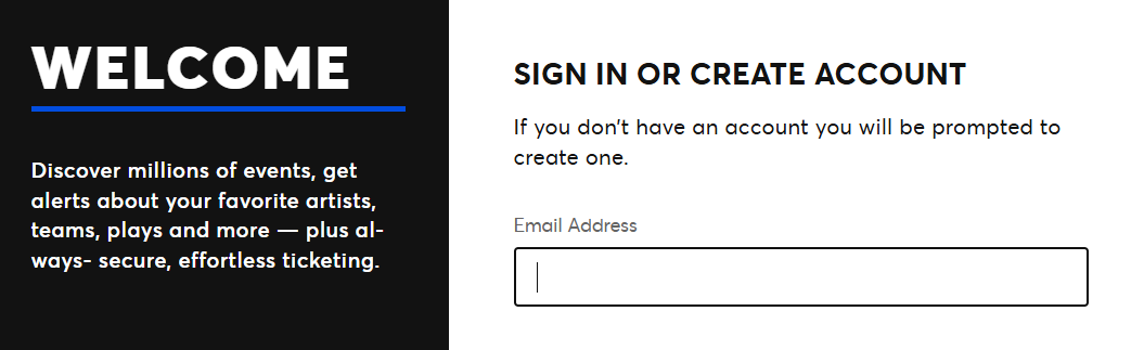 Ticketmaster welcome screen