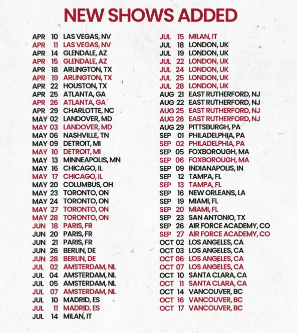 Bruno Mars tour dates after all shows were added