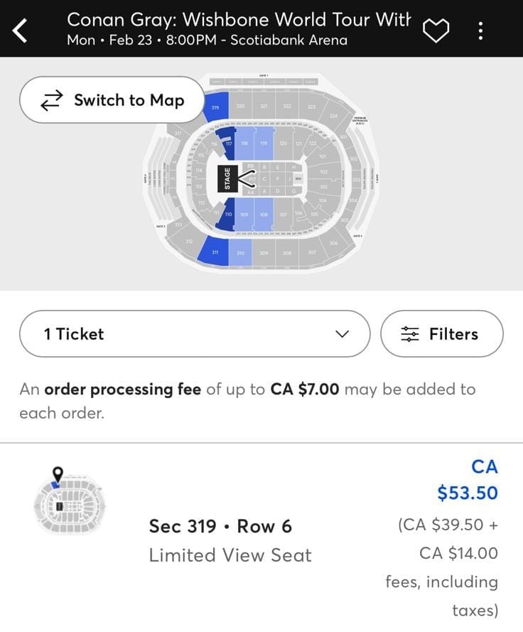 Conan Gray Toronto ticket snapshot - February 16 2026