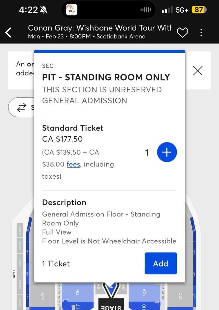 Conan Gray Toronto ticket snapshot - February 23 2026 at 4:23PM