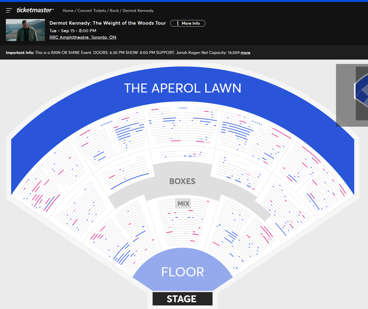 Dermot Kennedy at RBC Amphitheatre Toronto ticket availability as of 3PM on April 9th, 2026
