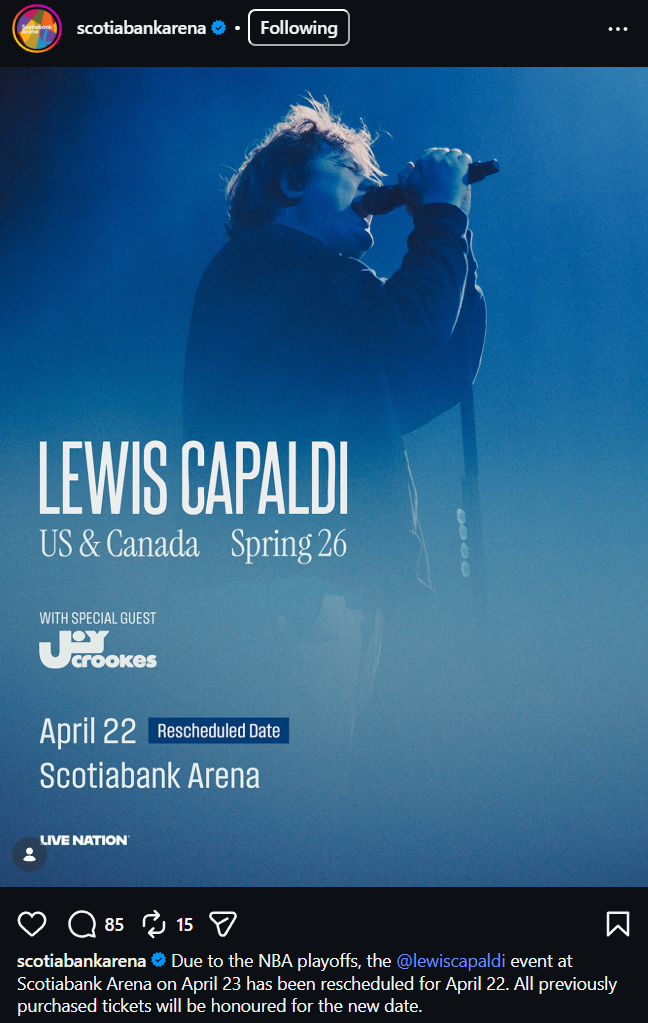 Scotiabank Arena announcing Lewis Capaldi rescheduling in Toronto