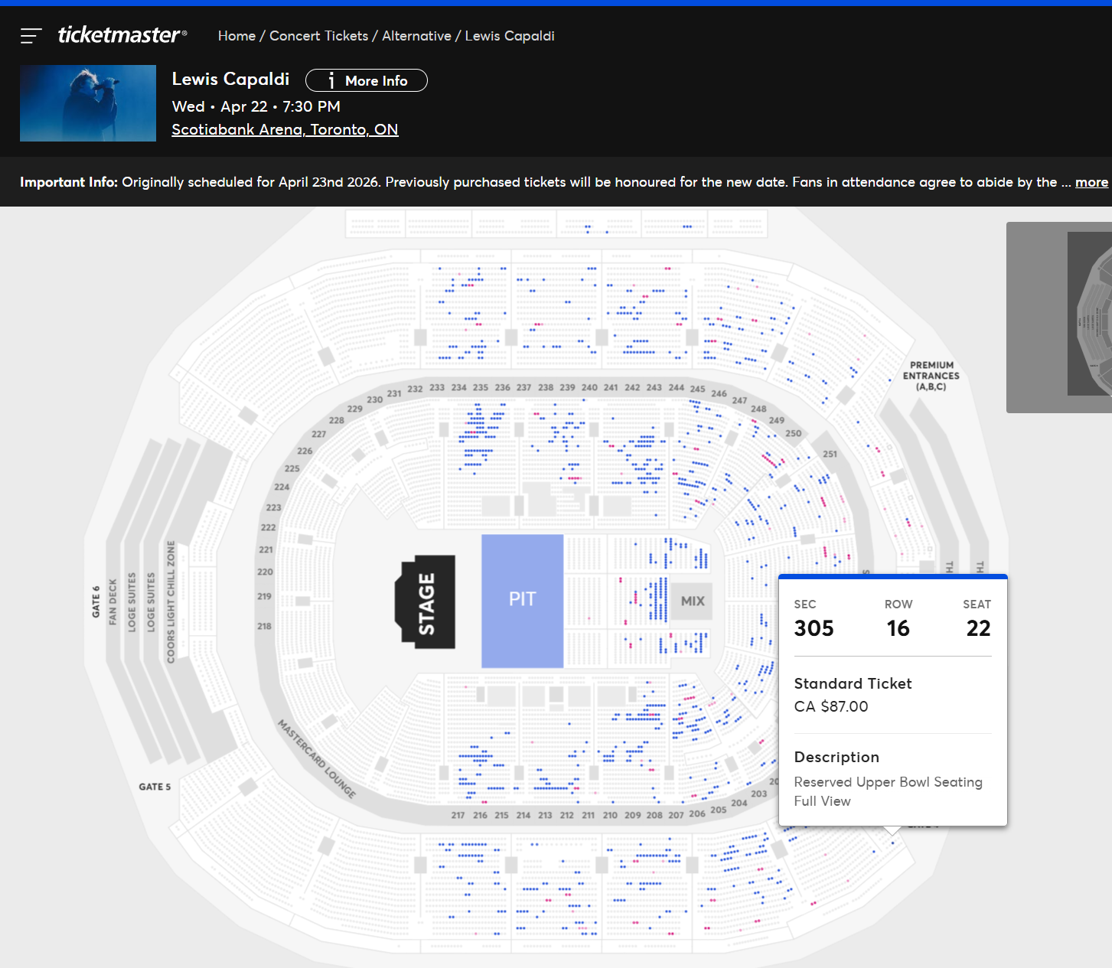 Lewis Capaldi ticket availability on 04/22/26