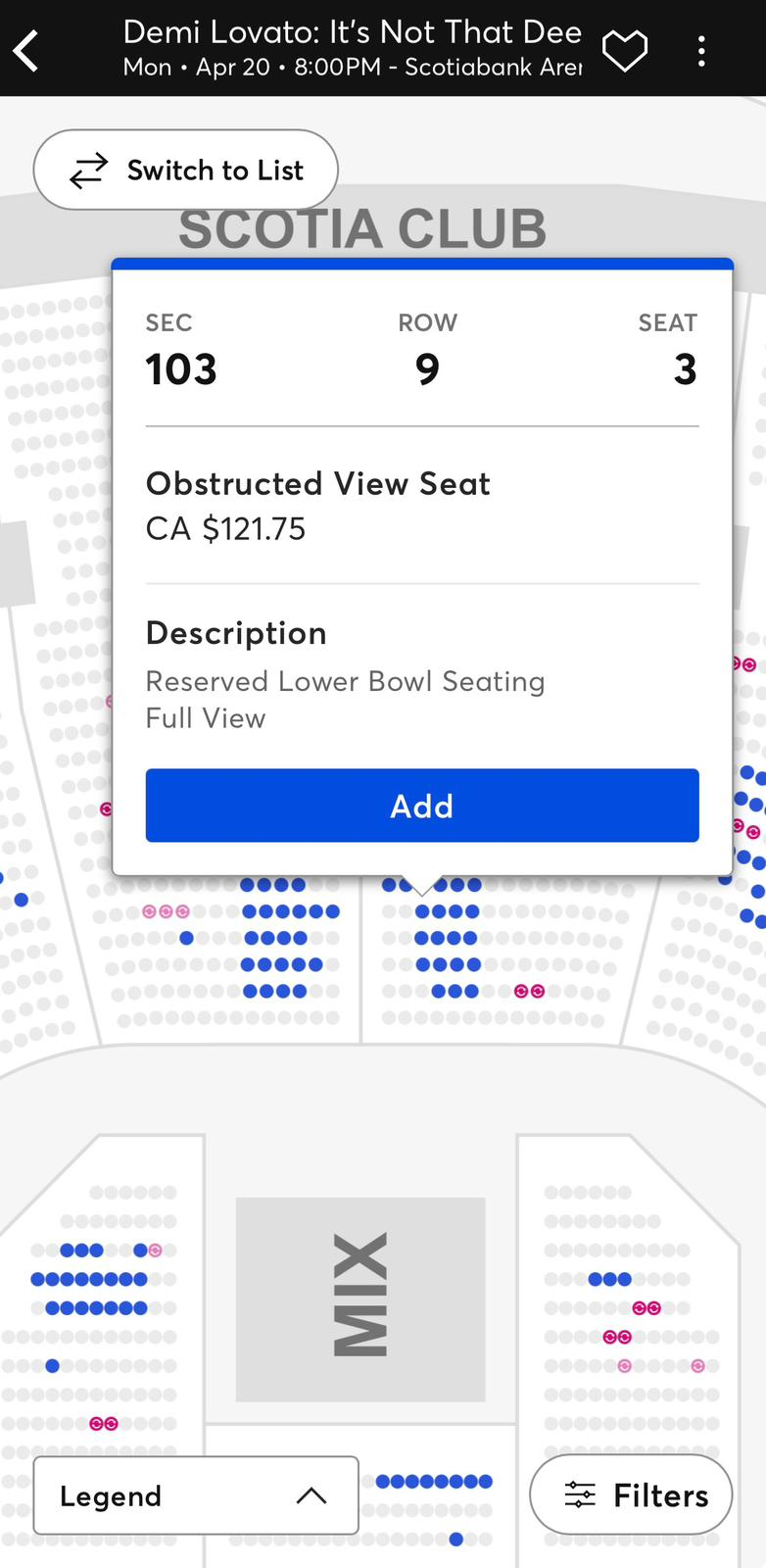 Demi Lovato Toronto Obstructed seats for sale on 4/20/26
