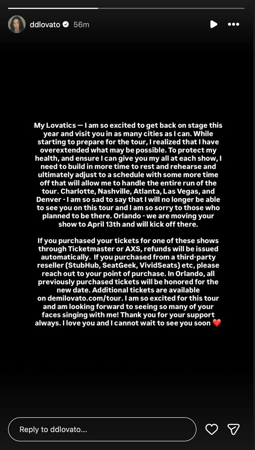 Demi Lovato apologizing for cancelled tour dates in 2026