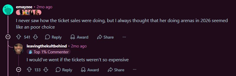 Reddit comments following the tour dates being cancelled