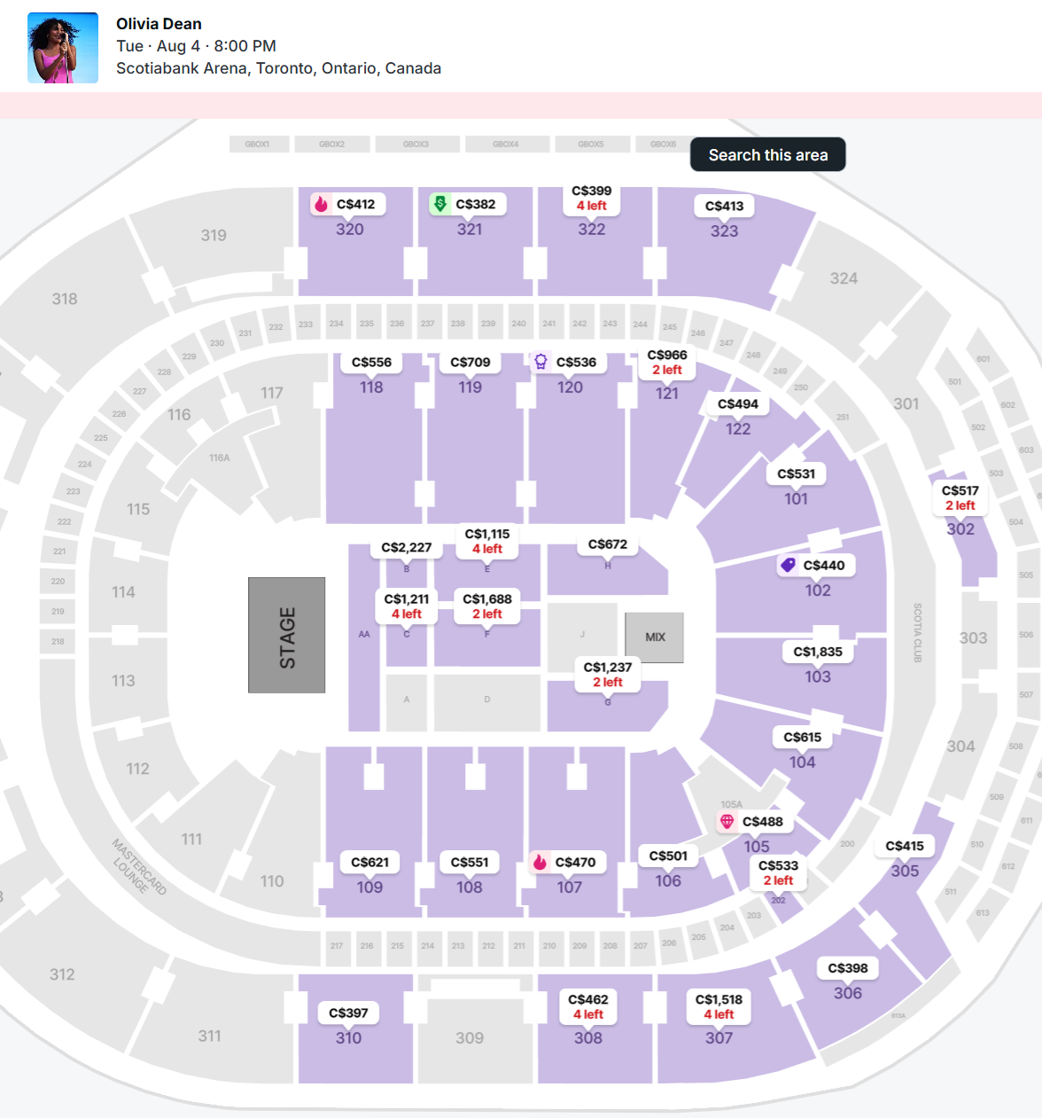Olivia Dean resale prices on StubHub as of 04/30/26