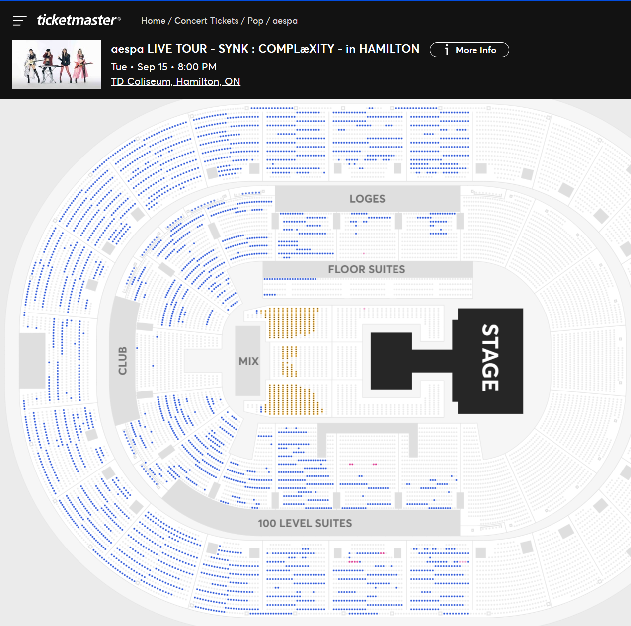 aespa's current ticket inventory in Hamilton as of 5/15/26