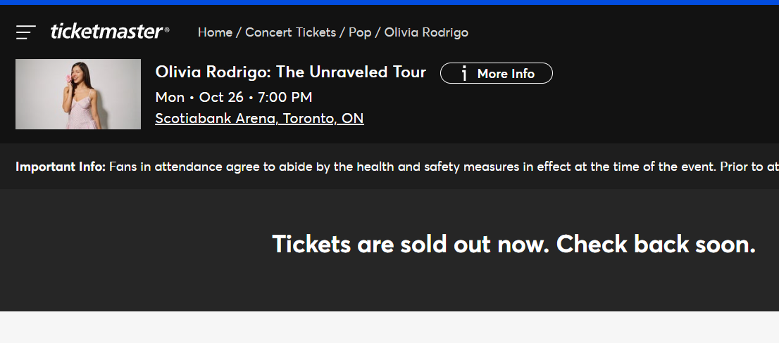 Olivia Rodrigo ticket availability in Toronto as of 05/15/26