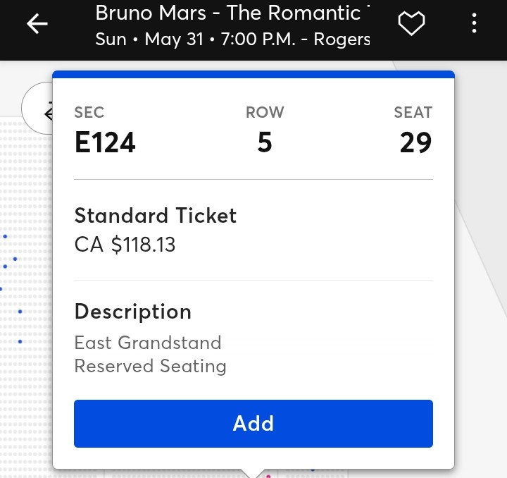Bruno Mars 5th row Side Stands tickets for $118.13 for the May 31st Toronto show