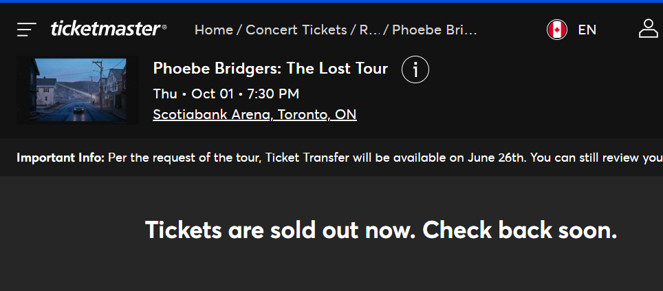 Phoebe Bridgers Toronto ticket availability as of 6/24 5:56pm