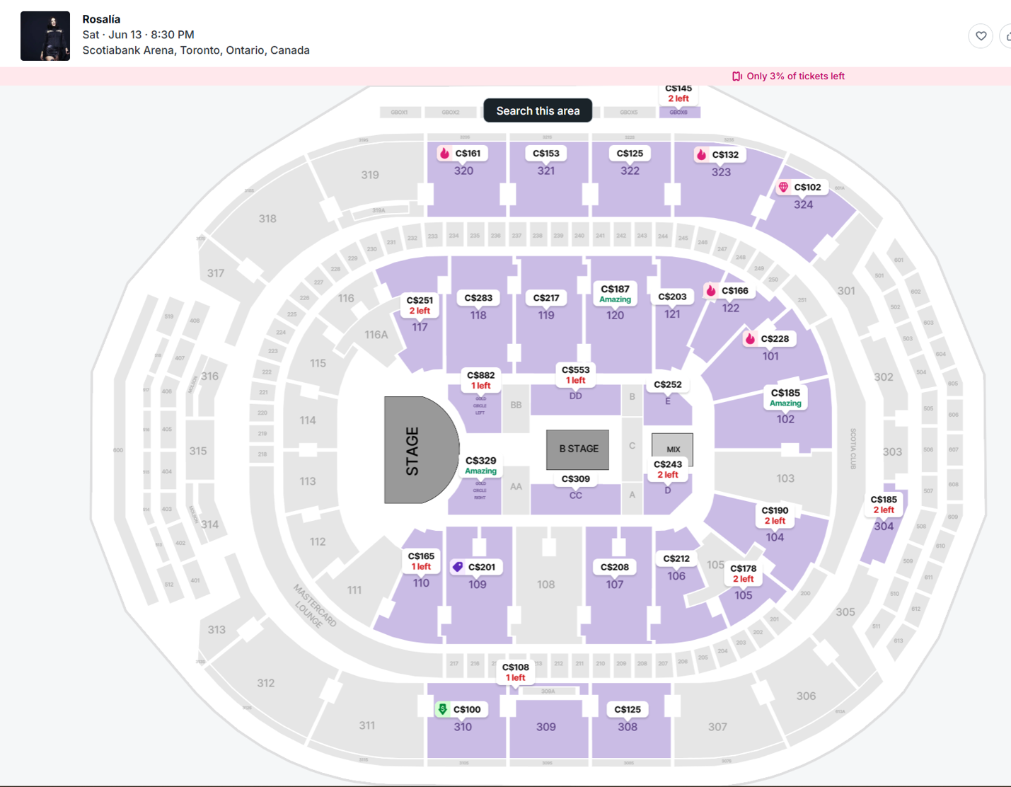 Rosalía Toronto Stubhub resale prices the day of the concert on 6/13/26