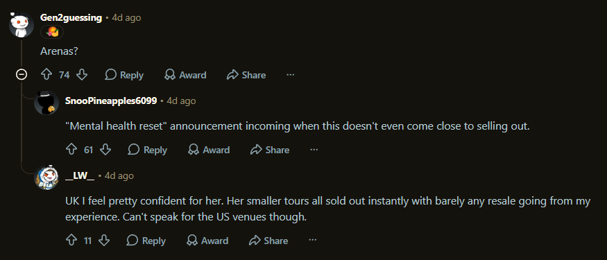 Reddit comments about the beabadoobee tour