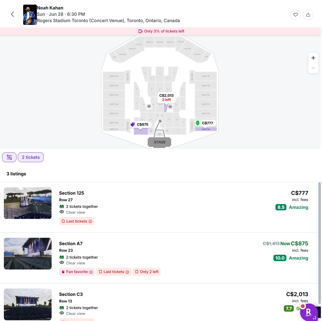 Noah Kahan StubHub listings at 1:19pm on 6/28/26