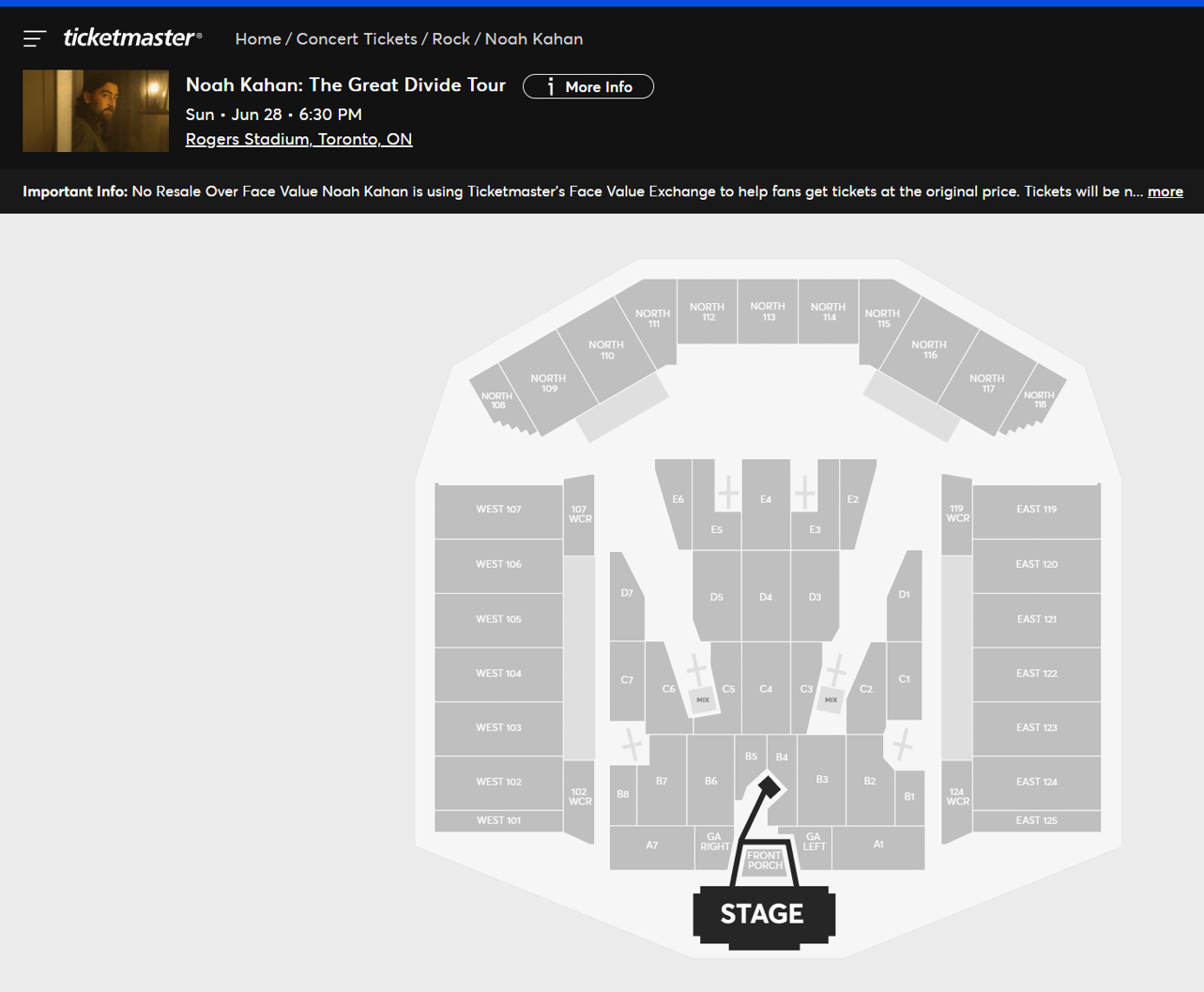Noah Kahan Toronto sold out ticket map for Rogers Stadium