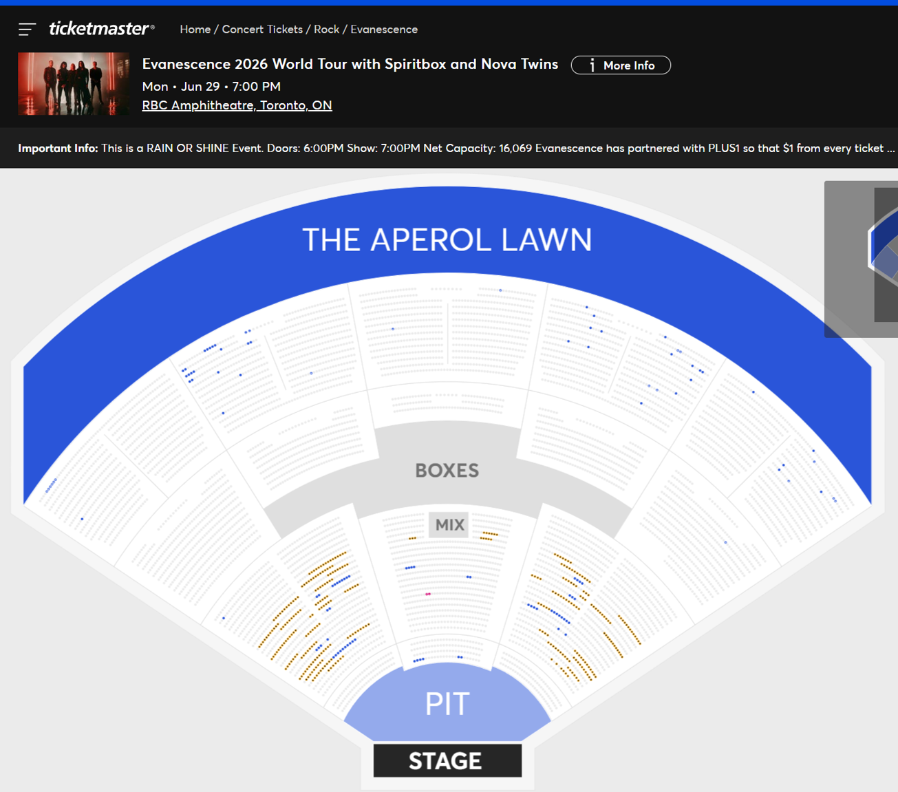 Evanescence Toronto ticket availability on 4/29 at 12:27pm