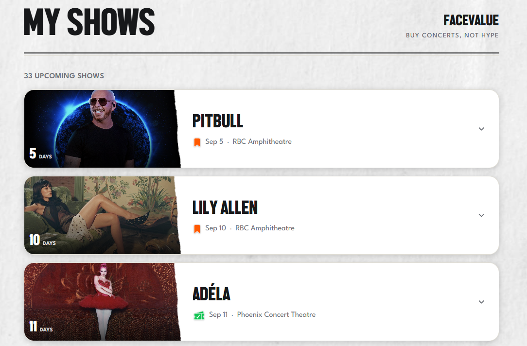 FaceValue Concert Tracker My Shows section