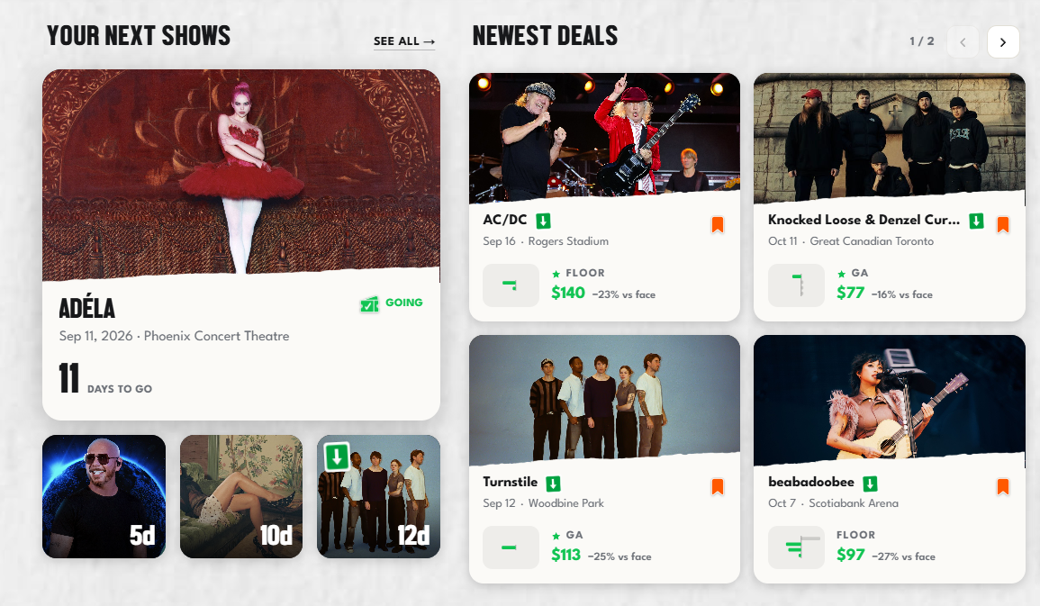 FaceValue Concert Tracker home dashboard
