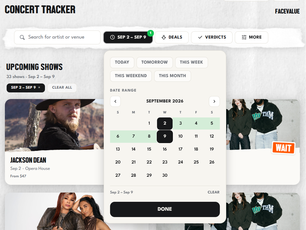 FaceValue Concert Tracker filtering options