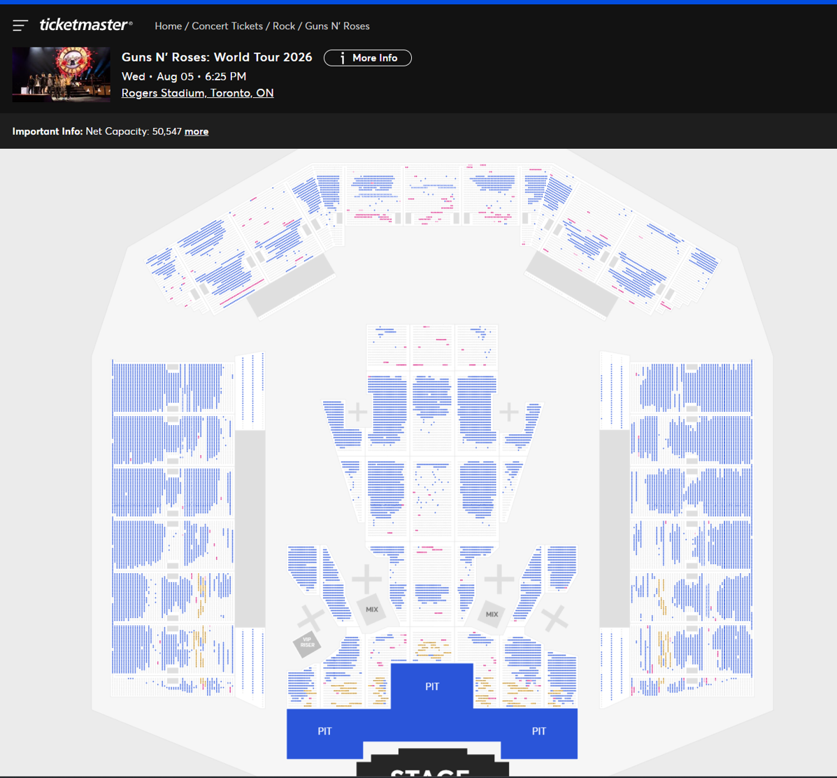 Guns N' Roses ticket availability in Toronto as of 3/31/26