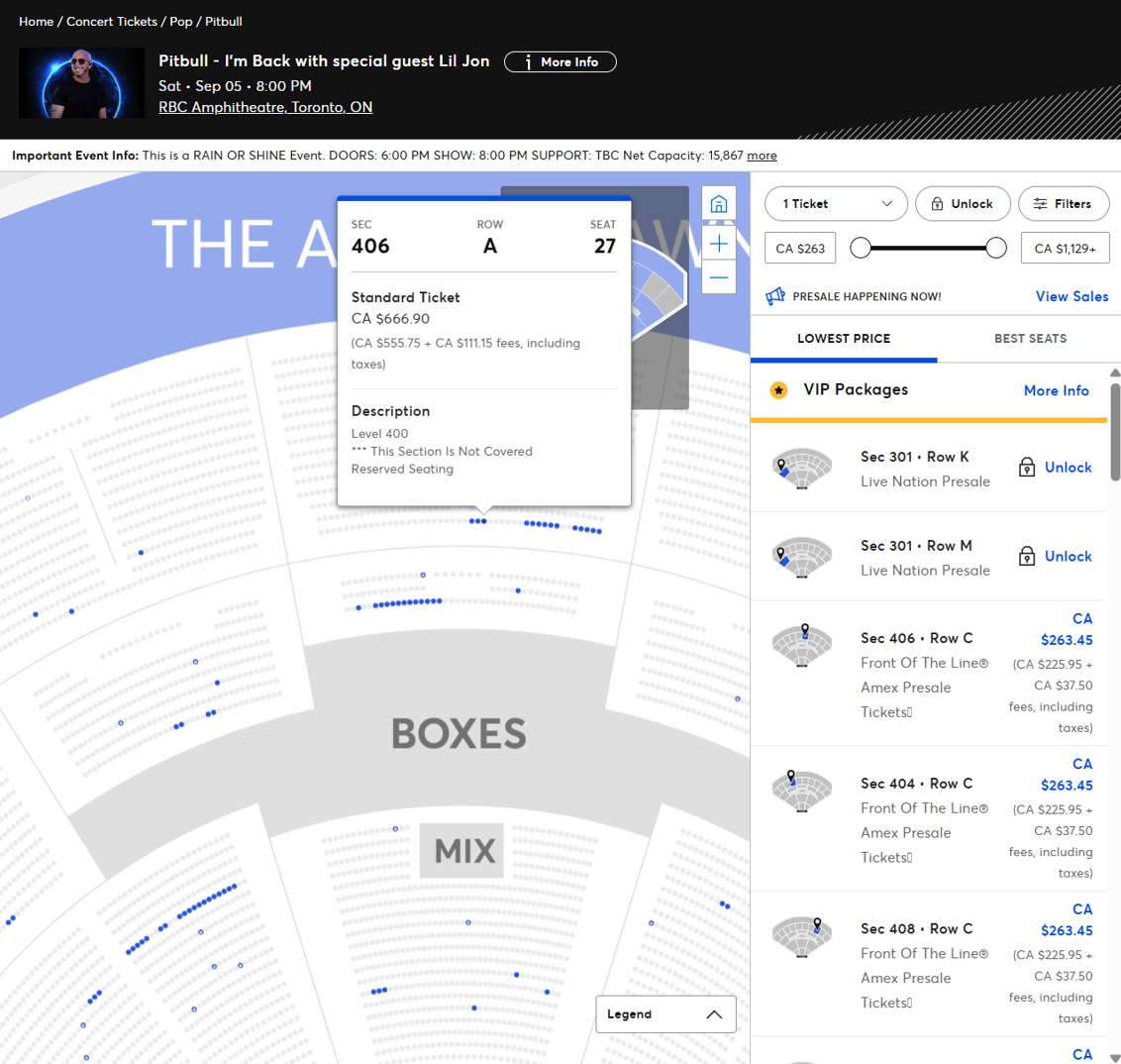 Pitbull Toronto ticket availability during the Amex presale on 1/29/26 at 10:49am