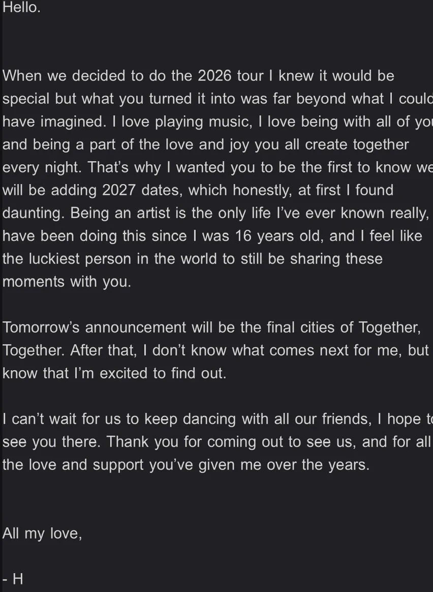 Harry Styles email to fans before announcing the dates