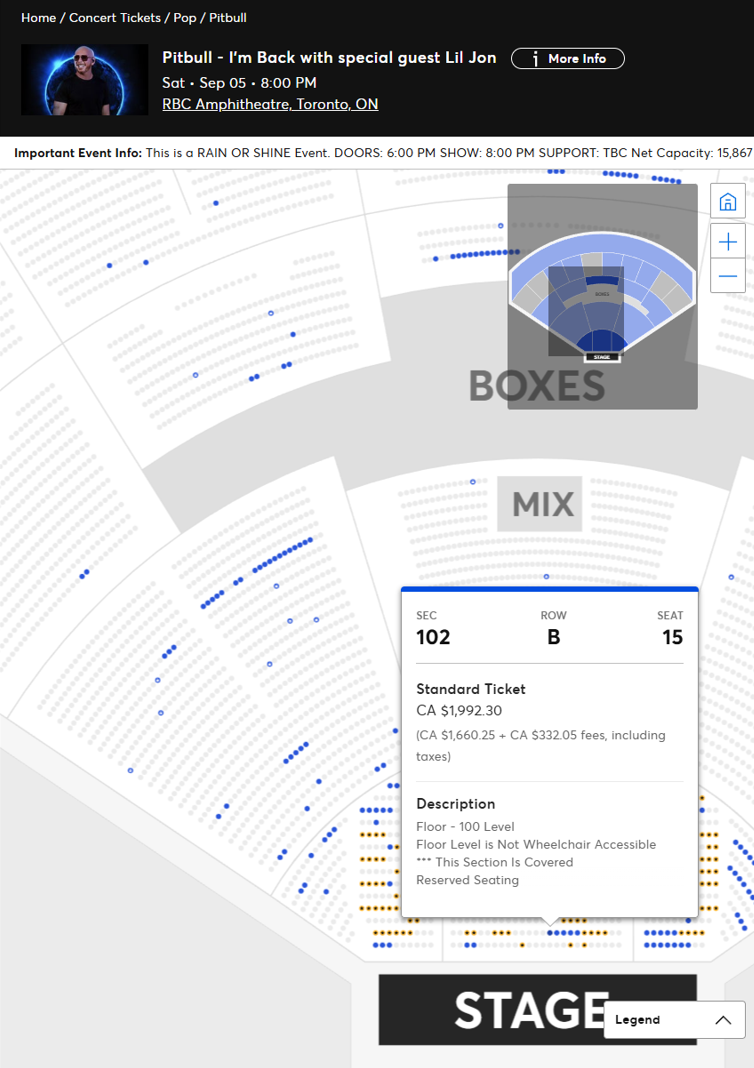 Pitbull Toronto ticket availability during the Amex presale on 1/29/26 at 10:48am