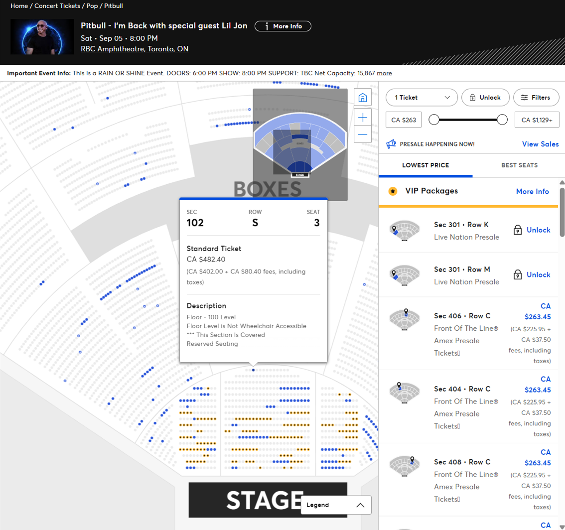 Pitbull Toronto ticket availability during the Amex presale on 1/29/26 at 10:48am