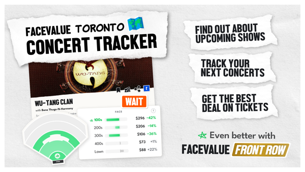 The FaceValue Concert Tracker showing a Toronto concert card, section prices and a venue deal map.