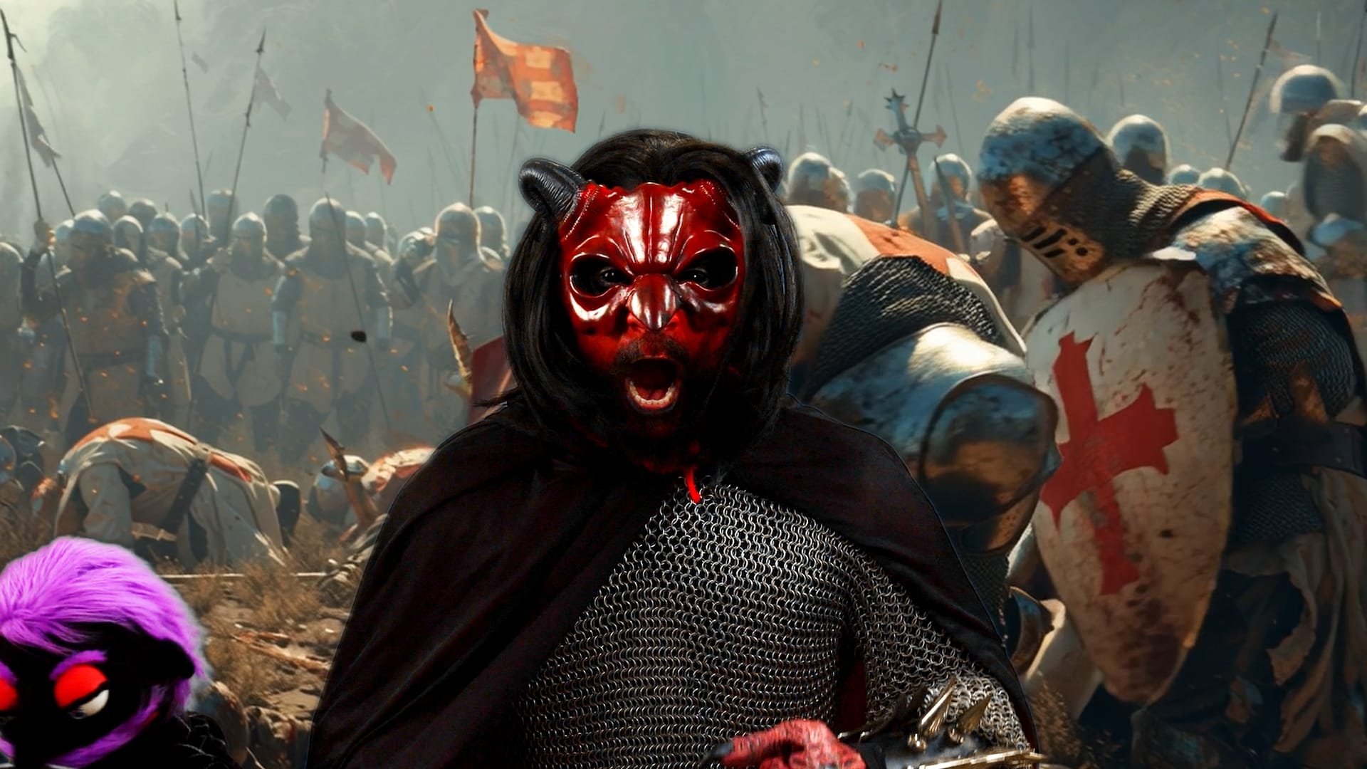 A medieval battlefield scene where Mephistopheles and Reggie stand in armor, symbolizing how the system co-opts your misery for entertainment.