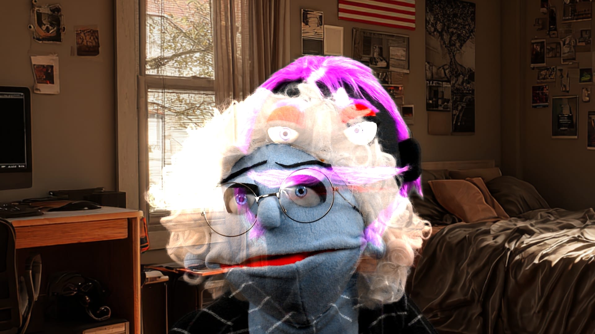 An ethereal, floating image of a judgmental grandmother appearing in a suburban living room to enforce generational compliance.