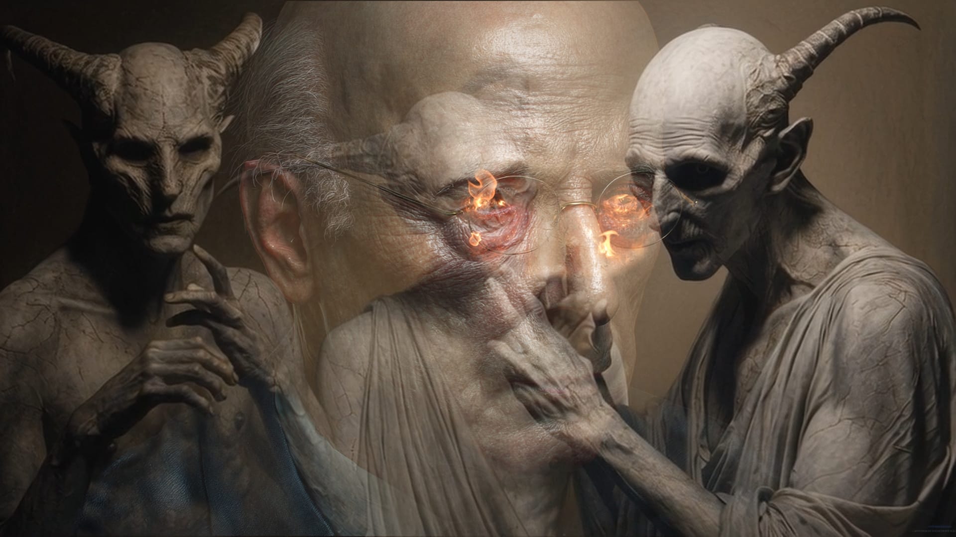 An image of someone who might be Dick Cheney.  His eyes burn with fire and demons surround him symbolizing paying for his war crimes on earth.