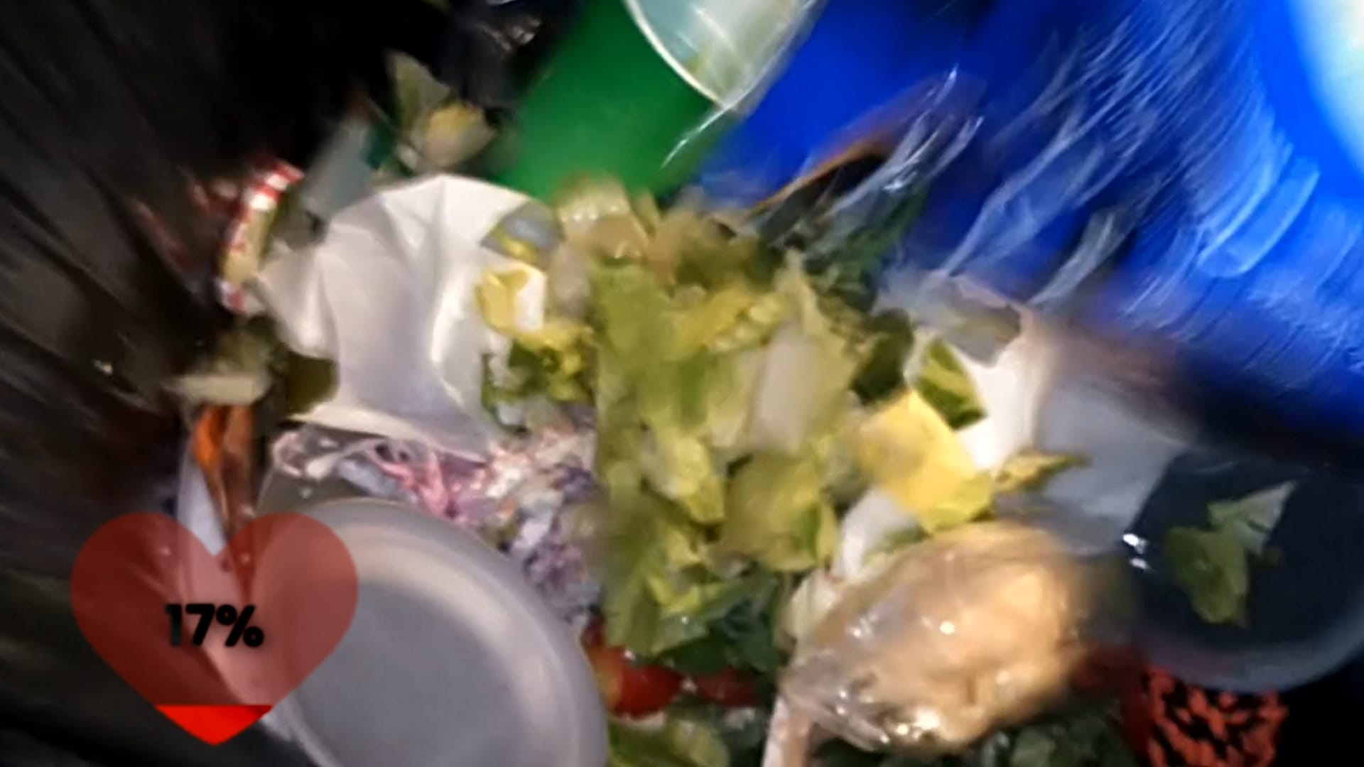 High-angle view of discarded food scraps and packaging dumped into a waste container, featuring a red heart icon in the bottom-left corner displaying "17%".