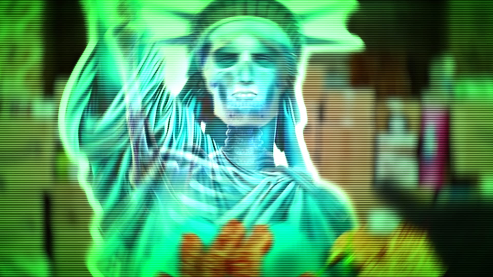 A glowing green, skeletal Statue of Liberty figure with a spiked crown and exposed ribcage, set against a dark background as hands reach toward its base.