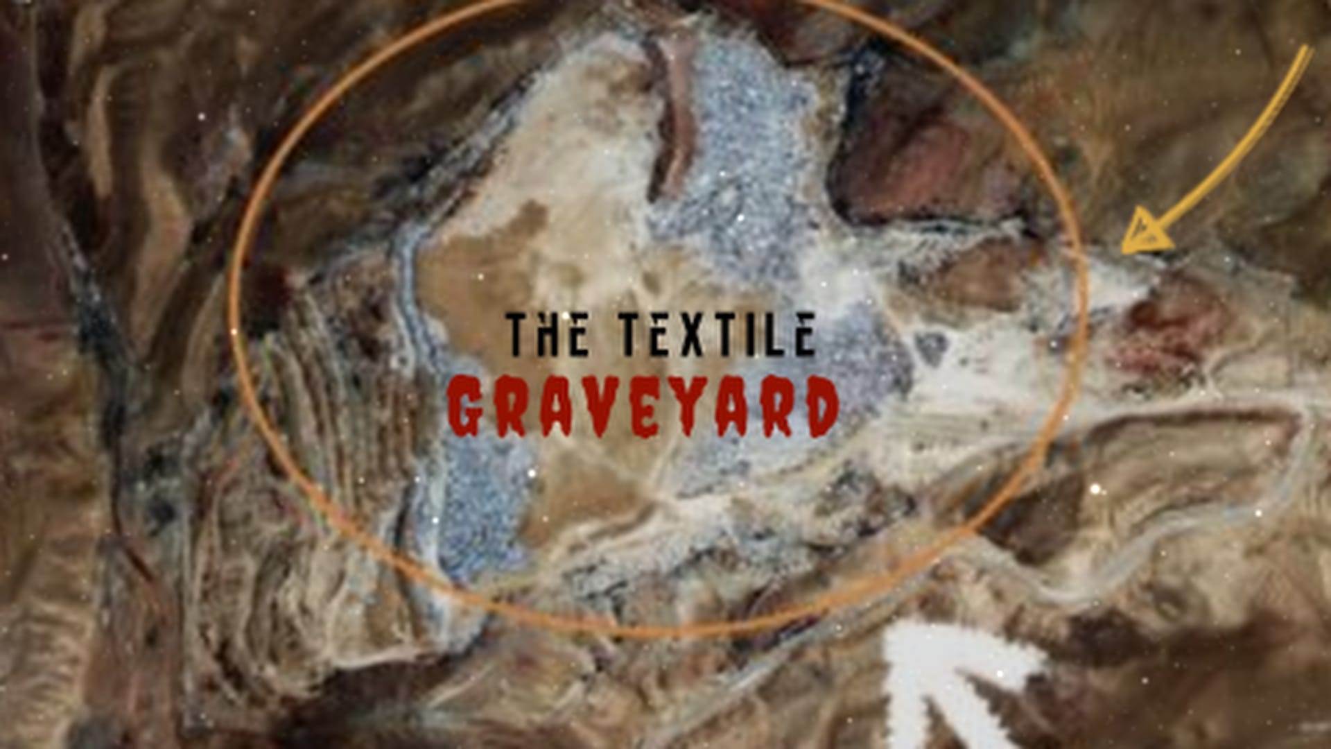 Aerial view of a massive landfill piled high with discarded clothing and fabric waste, featuring graphic arrows and text reading "THE TEXTILE GRAVEYARD."