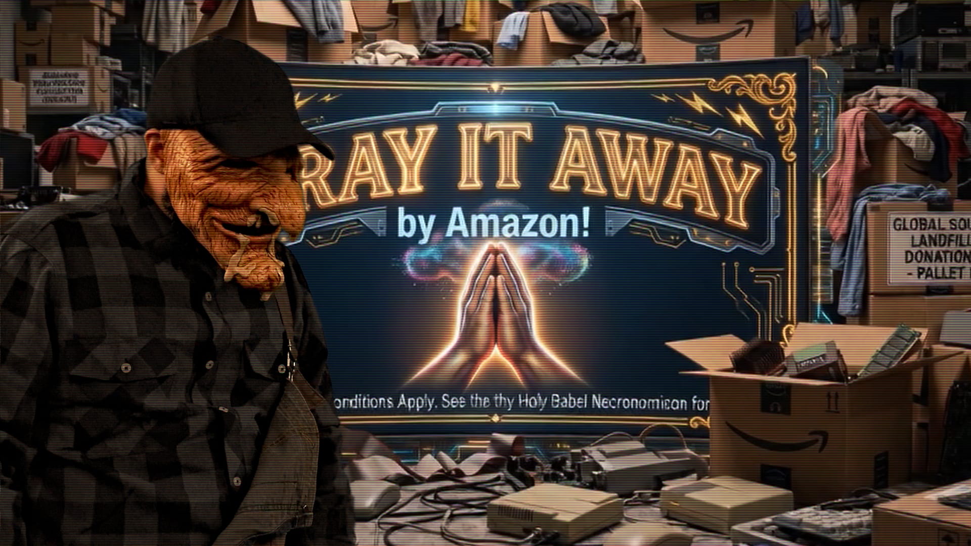 A masked figure wearing a black cap stands in front of a promotional banner reading "PRAY IT AWAY by Amazon!" beside cardboard shipping boxes labeled "GLOBAL SOUTH LANDFILL DONATION PALLET."